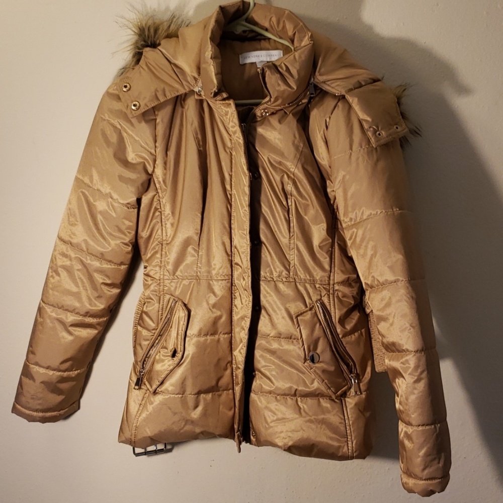 Faux fur lined hooded winter jacket.